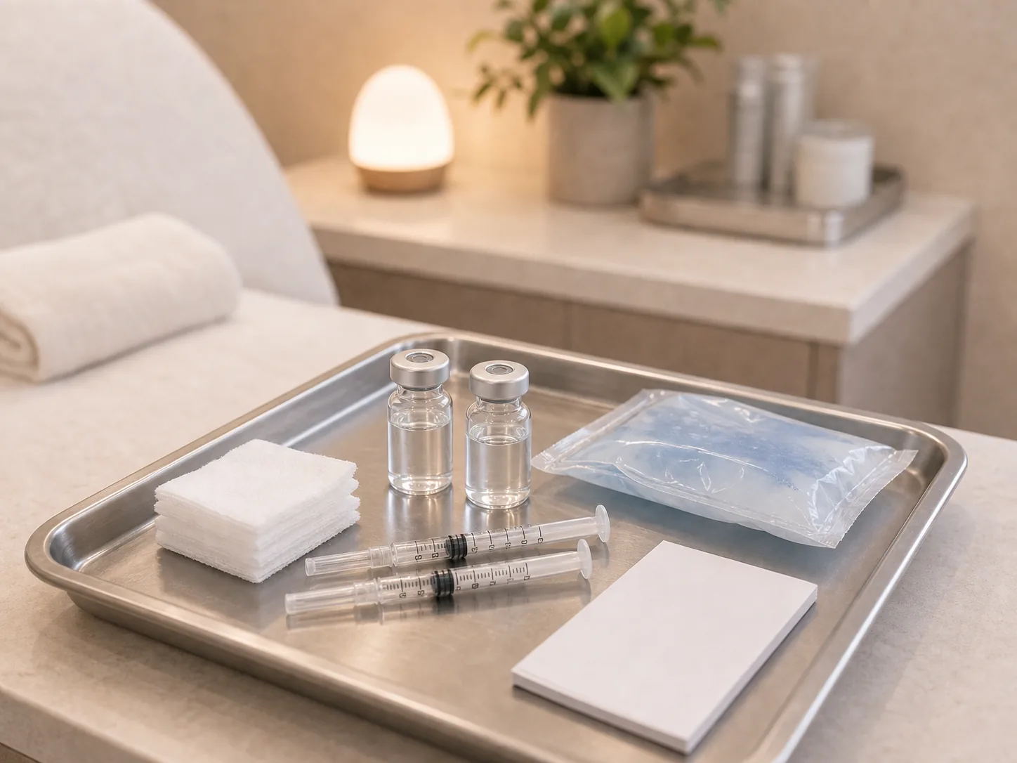 Polynucleotide treatment tray preparation at Refined Medical Aesthetics - sterile vials and syringes.