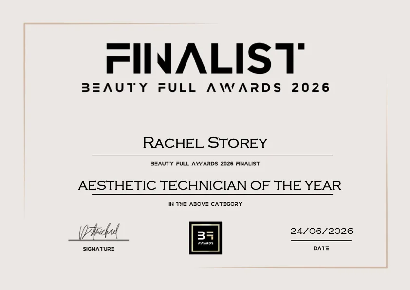 Beauty Full Awards 2026 finalist certificate for Rachel Storey in Aesthetic Technician of the Year