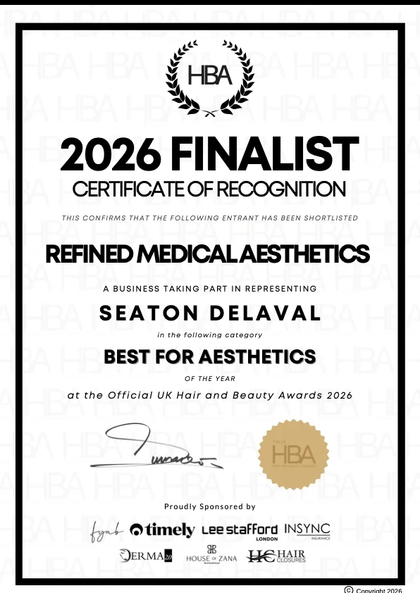 UK Hair and Beauty Awards 2026 finalist certificate for Refined Medical Aesthetics in Best for Aesthetics
