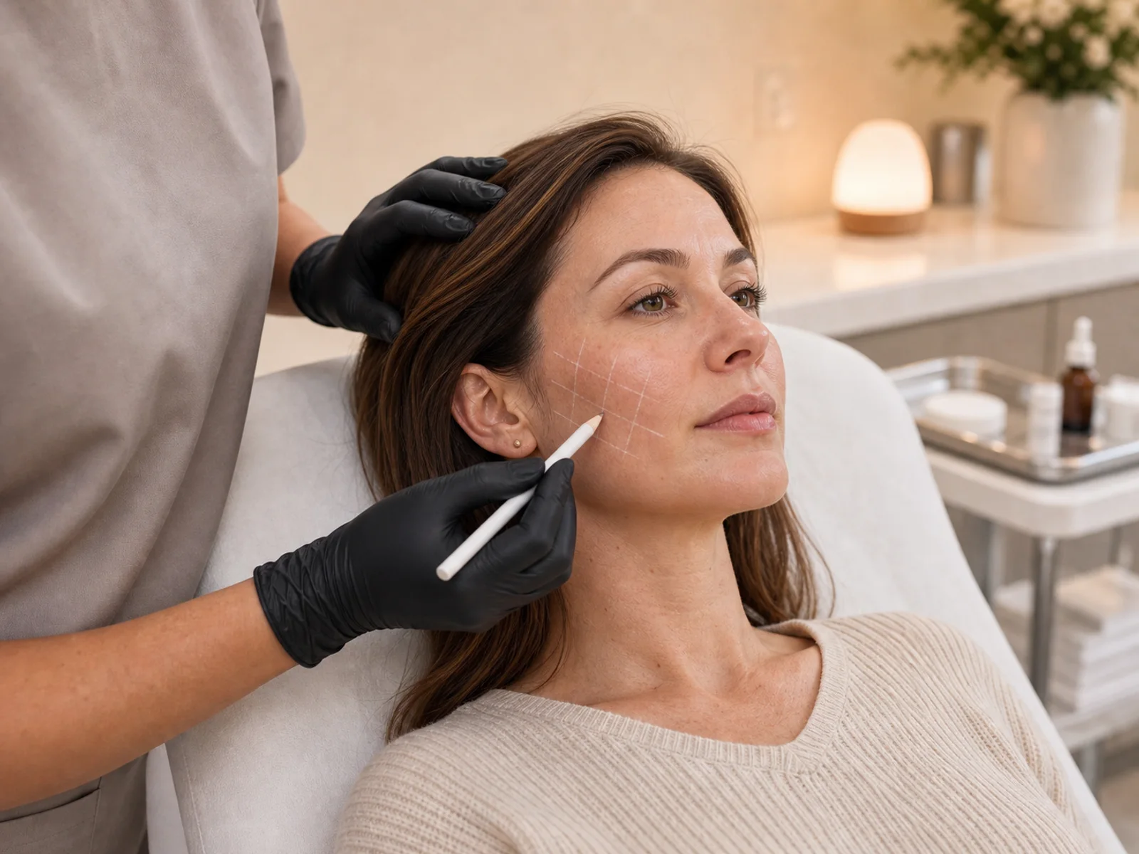 Cheek filler consultation with gentle midface mapping at Refined Medical Aesthetics.
