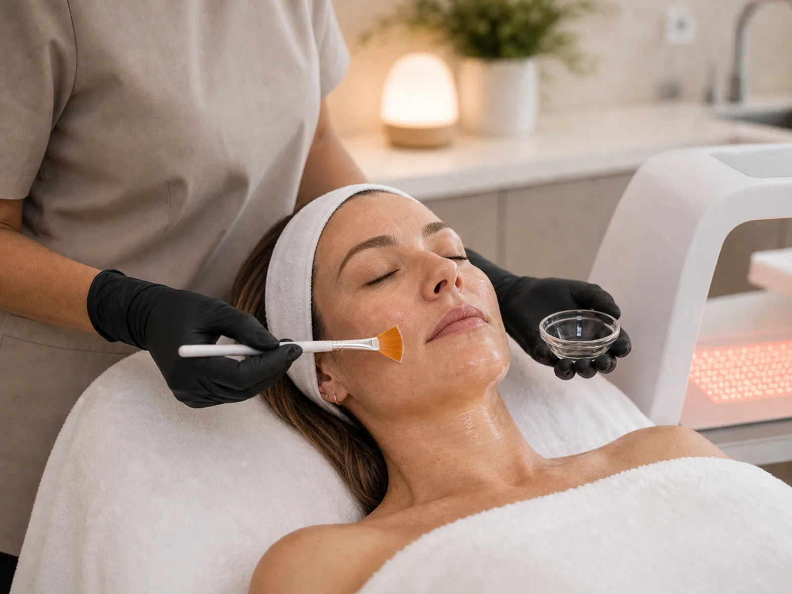 Medical-grade facial treatment with LED light at Refined Medical Aesthetics.